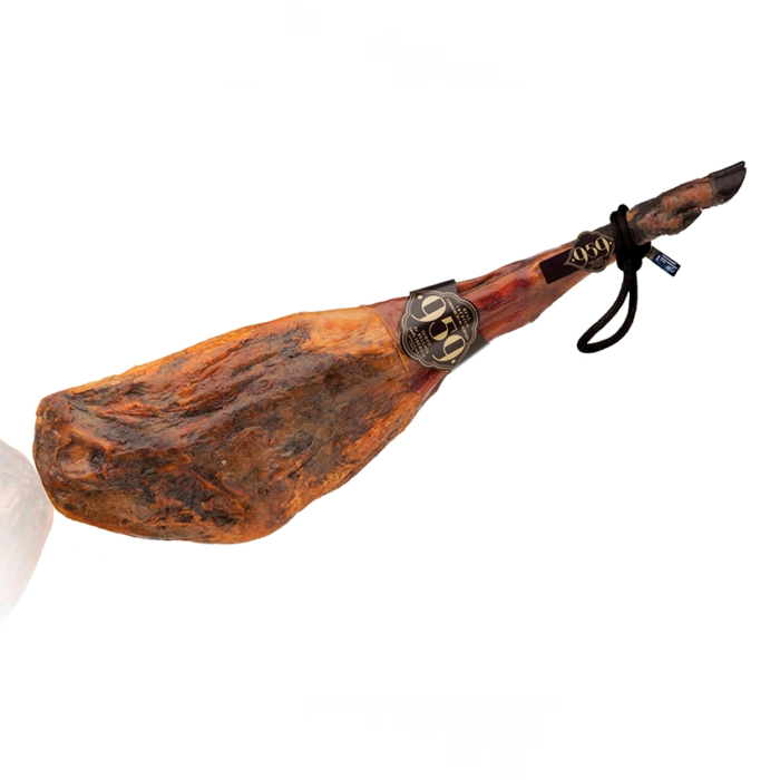 Jamón de bellota 100% ibérico puro 959 de Jabugo. Curación natural 36 meses, sabor único, producción limitada. Envío rápido y presentación gourmet.