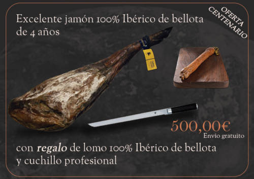 Jambon 100% Ibérique de bellota qualité superiore 4 ans avec en cadeau un lomo + couteau professionnel